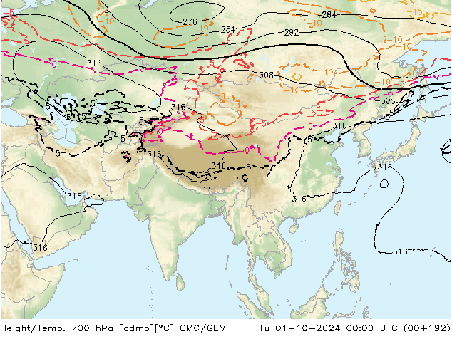 Height/Temp. 700 hPa CMC/GEM wto. 01.10.2024 00 UTC