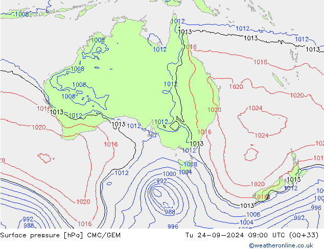 Atmosférický tlak CMC/GEM Út 24.09.2024 09 UTC