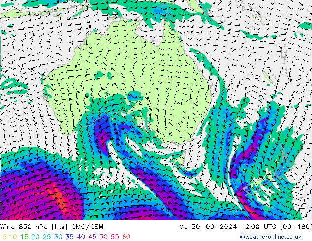 wiatr 850 hPa CMC/GEM pon. 30.09.2024 12 UTC