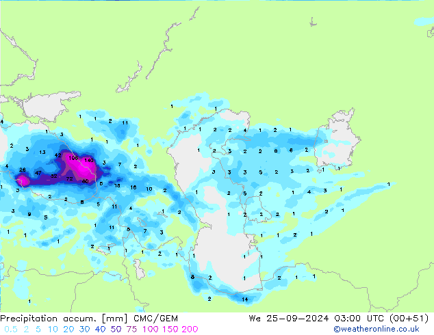 Precipitation accum. CMC/GEM We 25.09.2024 03 UTC