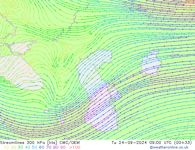 Streamlines 300 hPa CMC/GEM Tu 24.09.2024 09 UTC