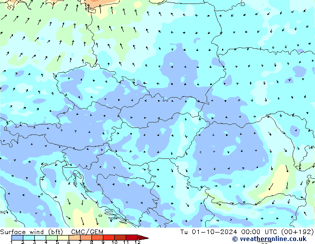 Wind 10 m (bft) CMC/GEM di 01.10.2024 00 UTC