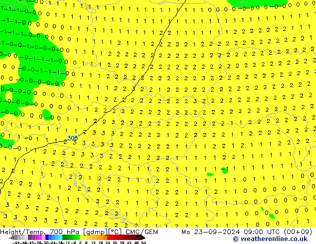 Height/Temp. 700 hPa CMC/GEM Mo 23.09.2024 09 UTC