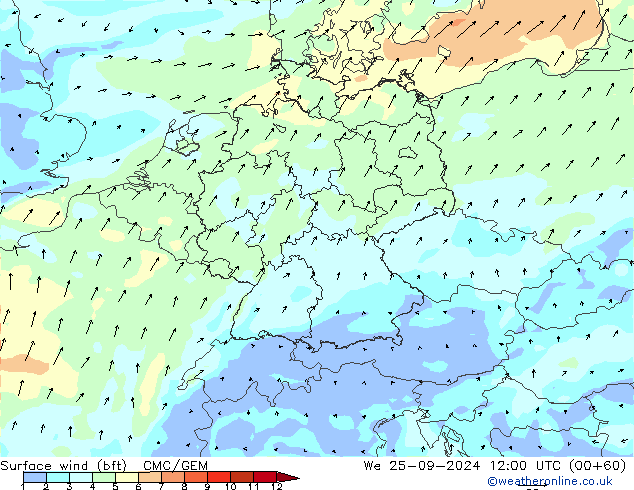 Surface wind (bft) CMC/GEM We 25.09.2024 12 UTC