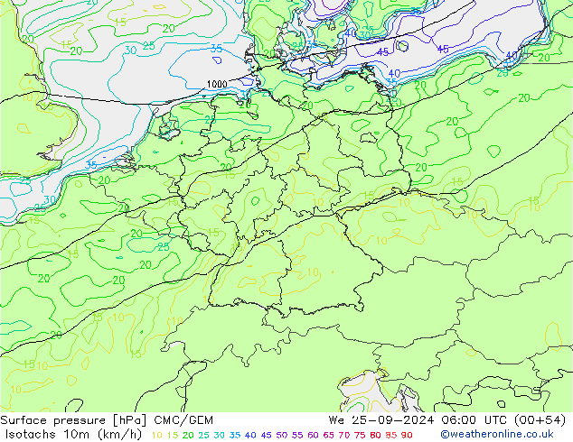 Eşrüzgar Hızları (km/sa) CMC/GEM Çar 25.09.2024 06 UTC