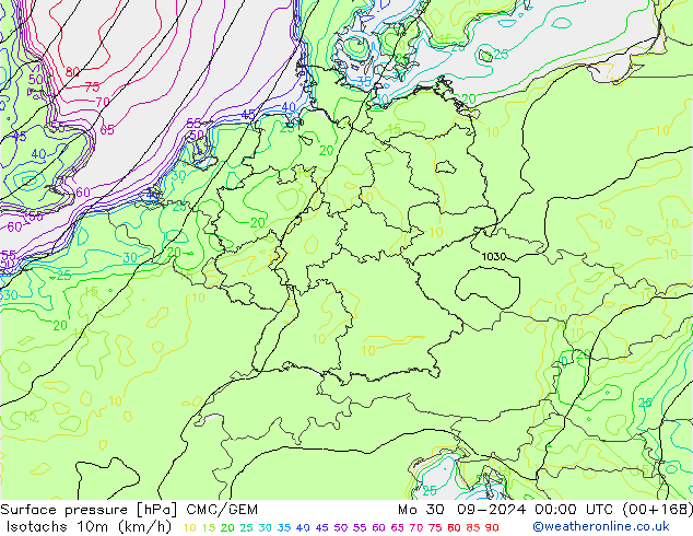 Isotachen (km/h) CMC/GEM Mo 30.09.2024 00 UTC