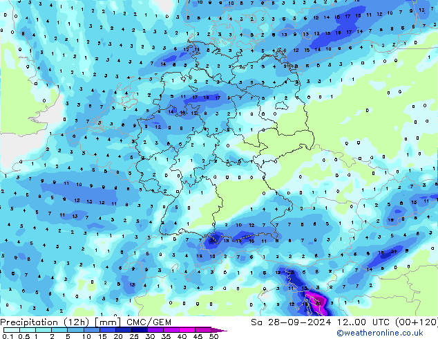 Precipitation (12h) CMC/GEM So 28.09.2024 00 UTC