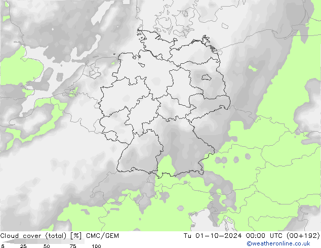 Cloud cover (total) CMC/GEM Út 01.10.2024 00 UTC