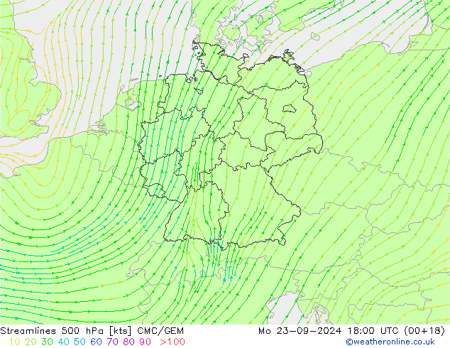 Linea di flusso 500 hPa CMC/GEM lun 23.09.2024 18 UTC