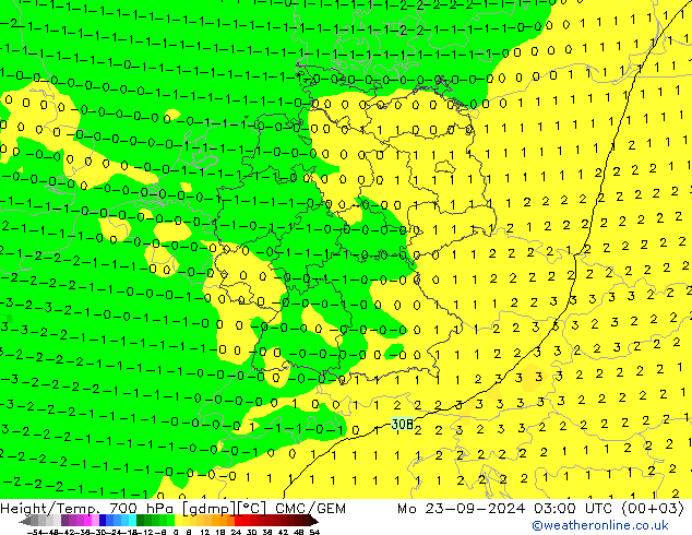 Hoogte/Temp. 700 hPa CMC/GEM ma 23.09.2024 03 UTC