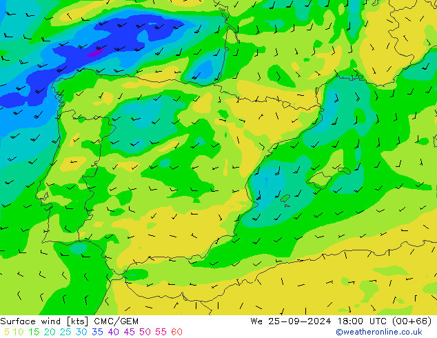 Vento 10 m CMC/GEM mer 25.09.2024 18 UTC