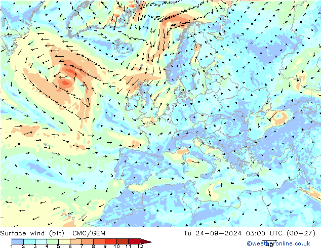 Surface wind (bft) CMC/GEM Tu 24.09.2024 03 UTC