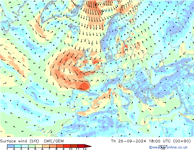 Vent 10 m (bft) CMC/GEM jeu 26.09.2024 18 UTC