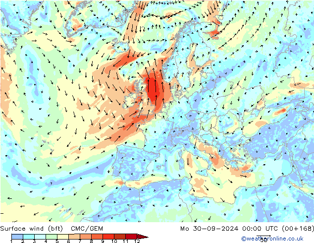 Vent 10 m (bft) CMC/GEM lun 30.09.2024 00 UTC