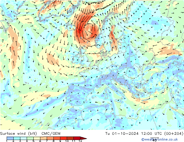 Surface wind (bft) CMC/GEM Tu 01.10.2024 12 UTC