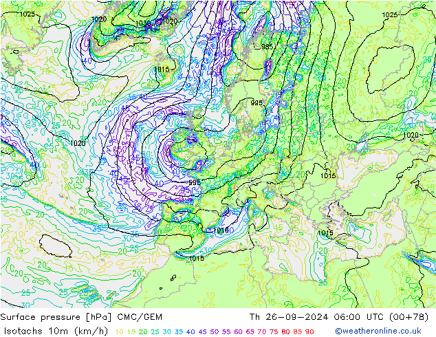 Isotachen (km/h) CMC/GEM Do 26.09.2024 06 UTC