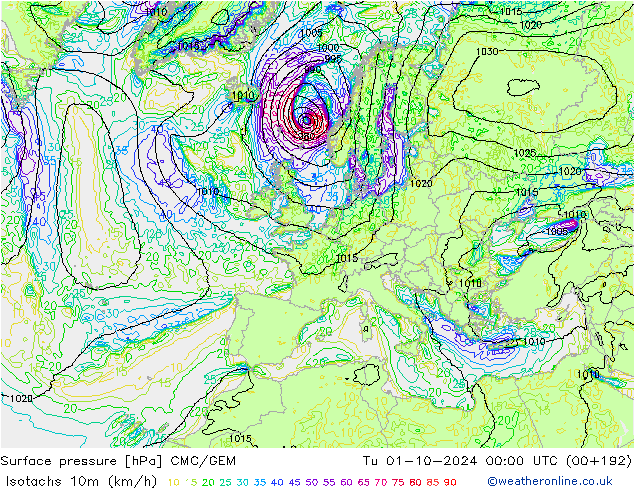 Isotachs (kph) CMC/GEM Út 01.10.2024 00 UTC