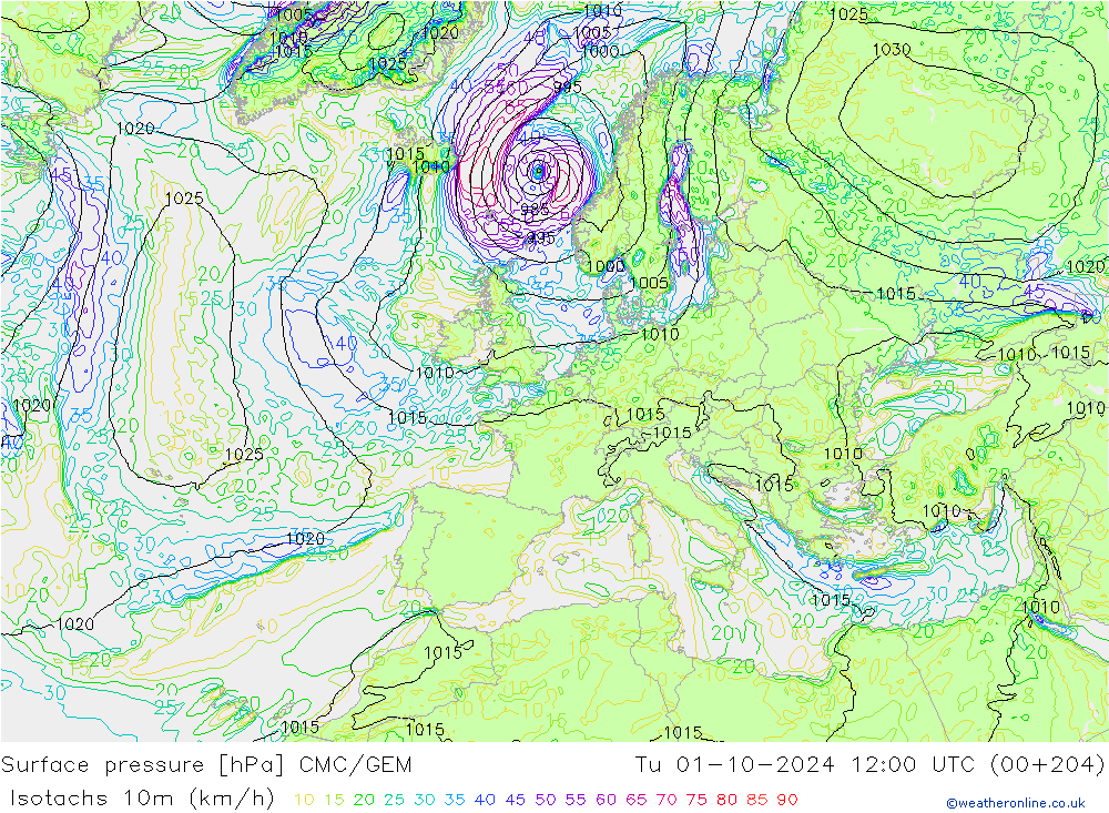 Isotachs (kph) CMC/GEM mar 01.10.2024 12 UTC