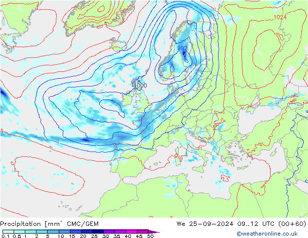 Precipitation CMC/GEM We 25.09.2024 12 UTC