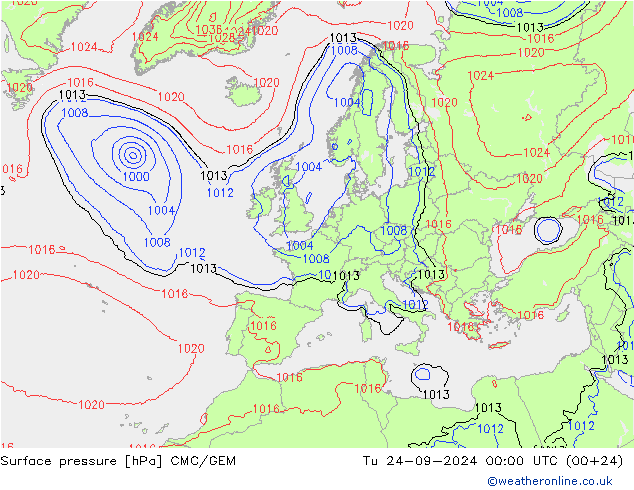 Surface pressure CMC/GEM Tu 24.09.2024 00 UTC