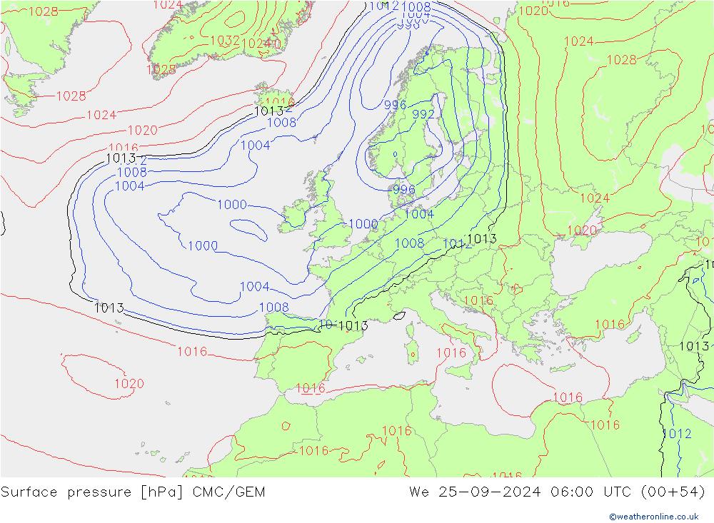 Atmosférický tlak CMC/GEM St 25.09.2024 06 UTC