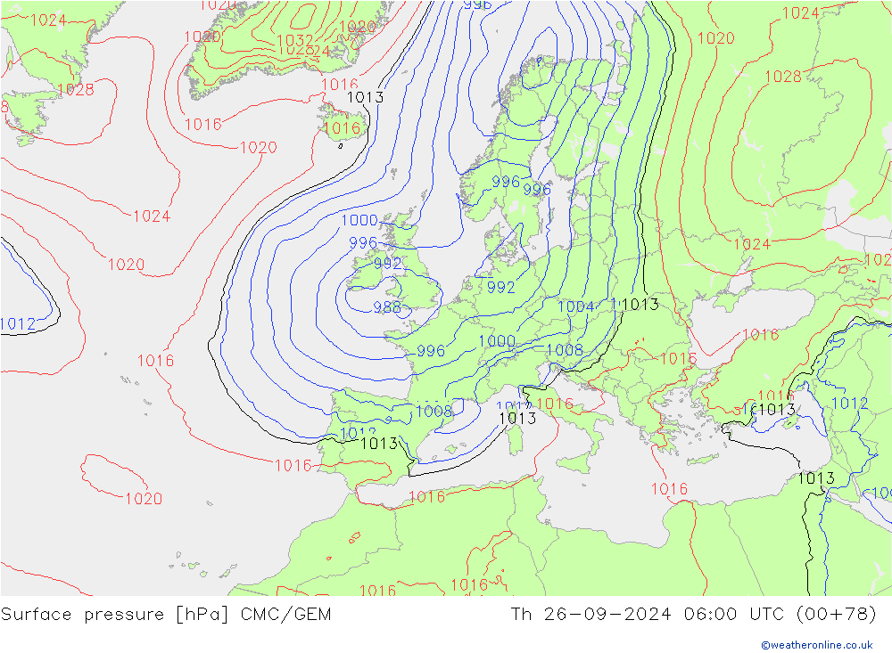 Surface pressure CMC/GEM Th 26.09.2024 06 UTC