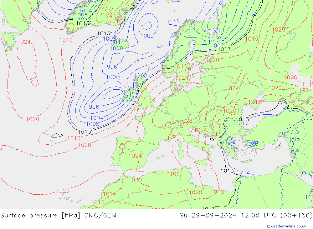 Surface pressure CMC/GEM Su 29.09.2024 12 UTC