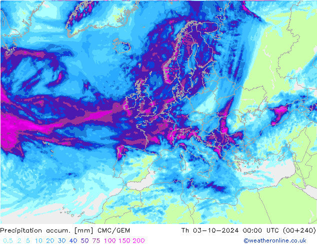 Precipitation accum. CMC/GEM Čt 03.10.2024 00 UTC