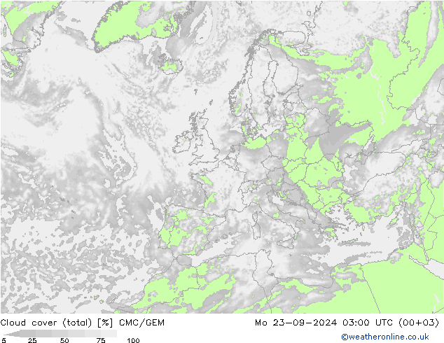 Cloud cover (total) CMC/GEM Mo 23.09.2024 03 UTC