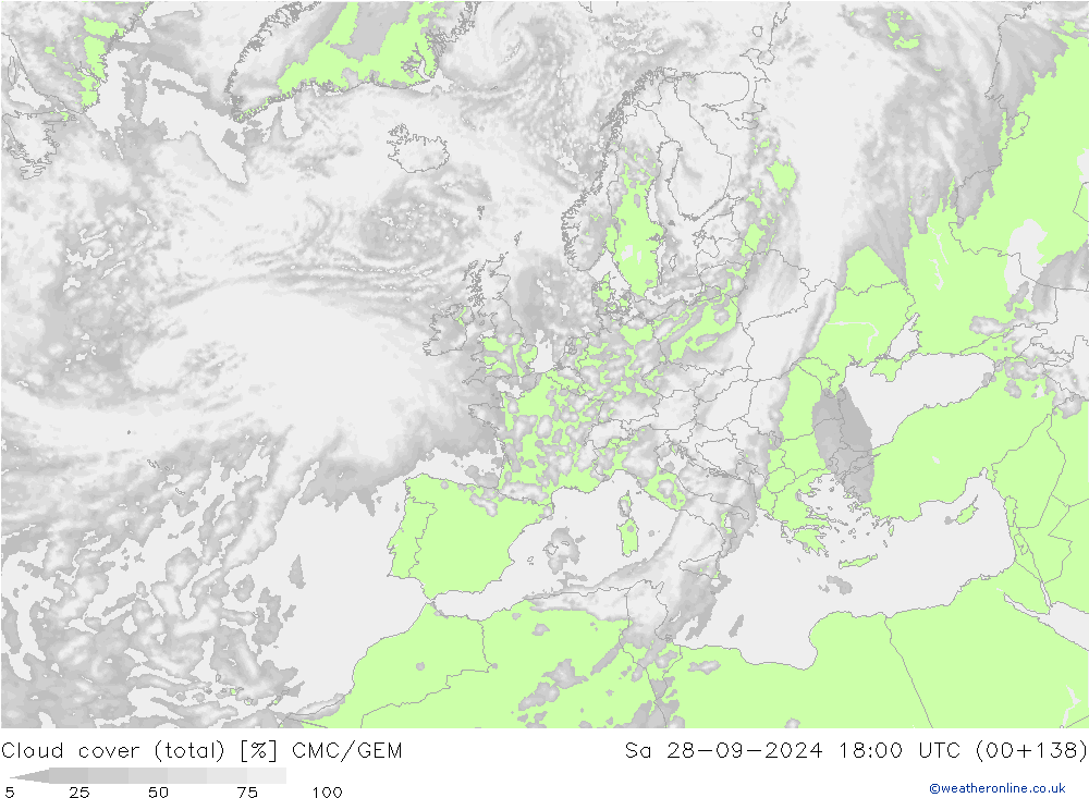 Cloud cover (total) CMC/GEM Sa 28.09.2024 18 UTC