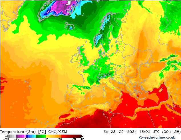 Temperature (2m) CMC/GEM Sa 28.09.2024 18 UTC