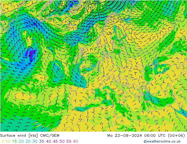 Vento 10 m CMC/GEM Seg 23.09.2024 06 UTC