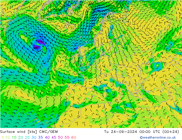 Surface wind CMC/GEM Út 24.09.2024 00 UTC