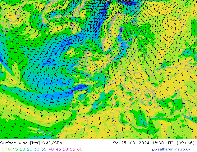 Vent 10 m CMC/GEM mer 25.09.2024 18 UTC