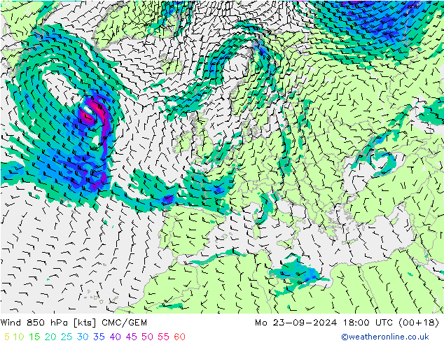 wiatr 850 hPa CMC/GEM pon. 23.09.2024 18 UTC