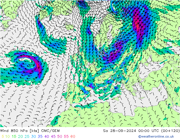 Wind 850 hPa CMC/GEM Sa 28.09.2024 00 UTC