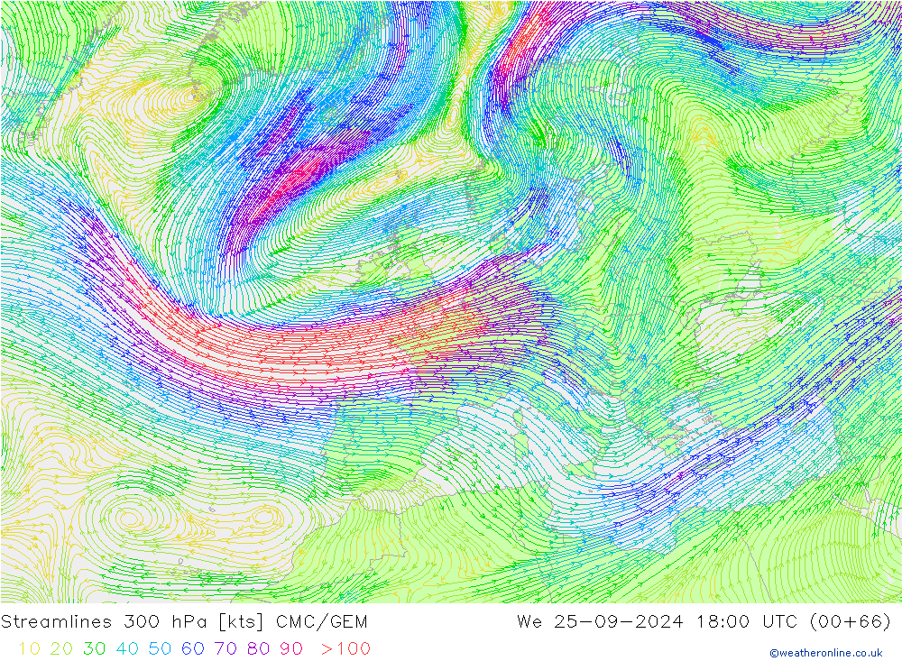 Ligne de courant 300 hPa CMC/GEM mer 25.09.2024 18 UTC