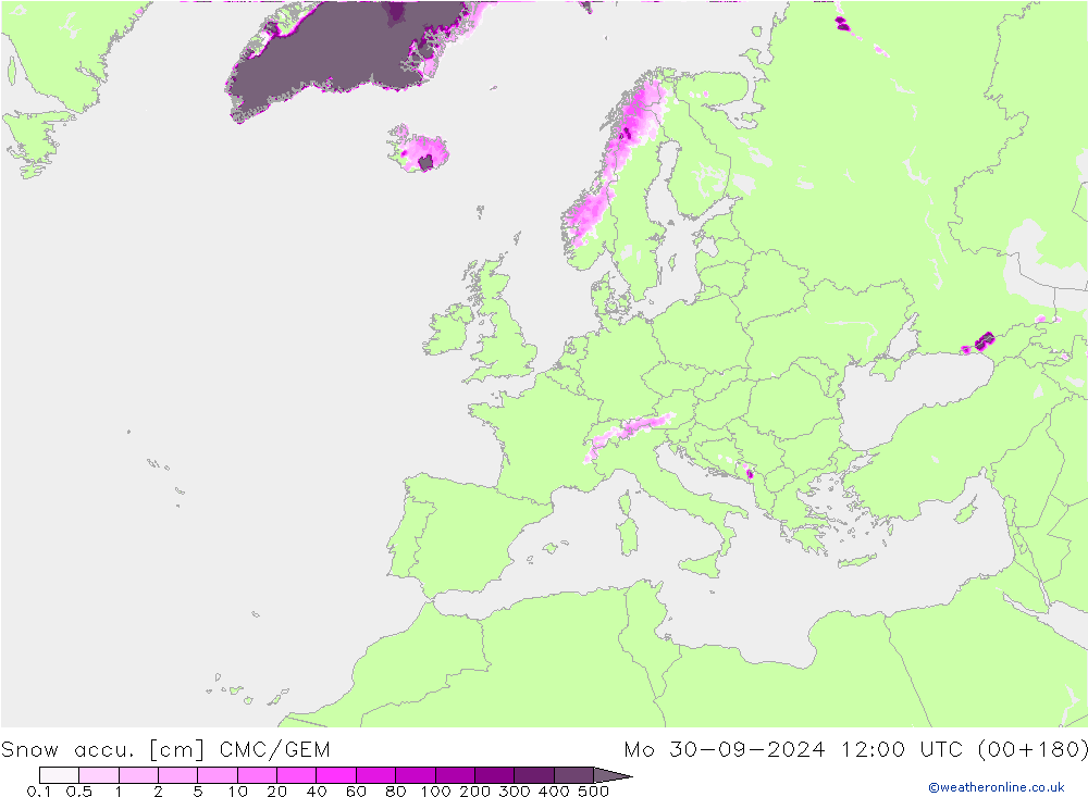 Snow accu. CMC/GEM Mo 30.09.2024 12 UTC