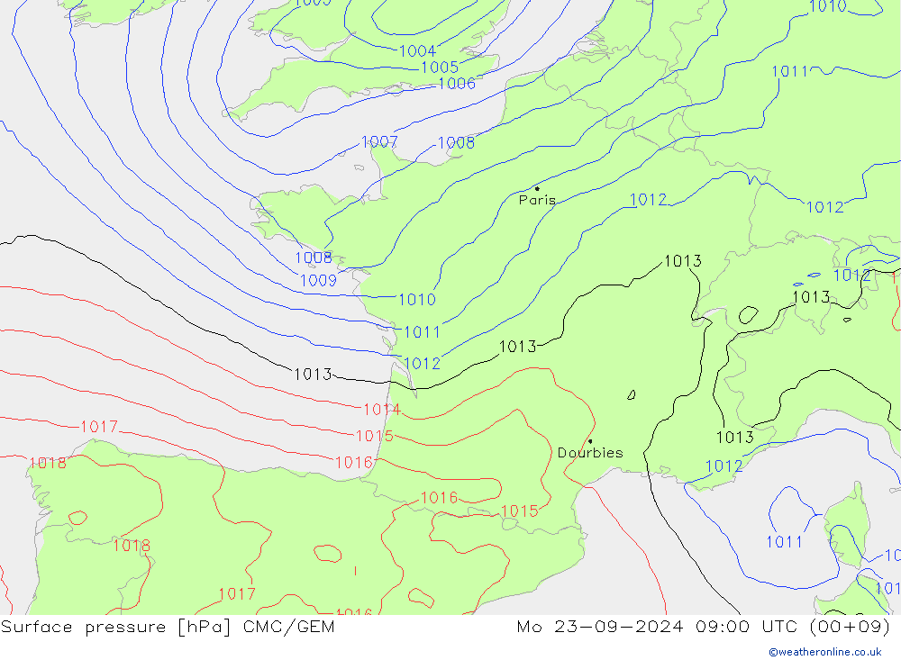 Atmosférický tlak CMC/GEM Po 23.09.2024 09 UTC