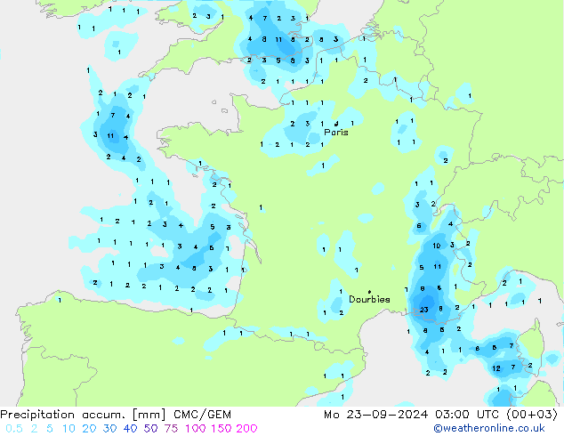 Precipitation accum. CMC/GEM pon. 23.09.2024 03 UTC