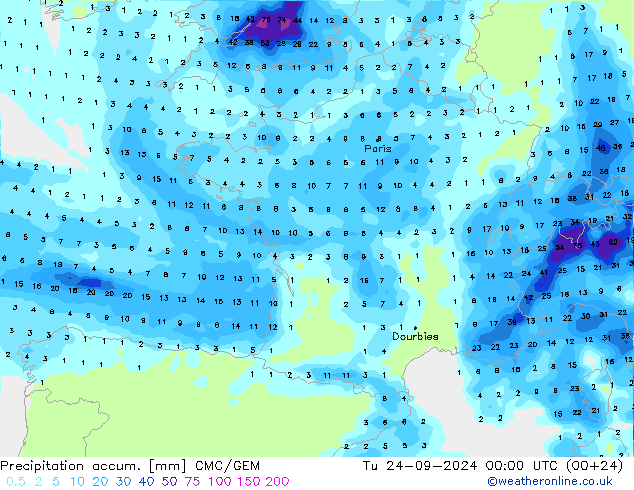 Precipitation accum. CMC/GEM Út 24.09.2024 00 UTC