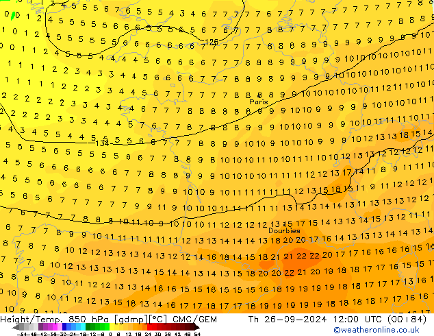 Height/Temp. 850 hPa CMC/GEM Th 26.09.2024 12 UTC