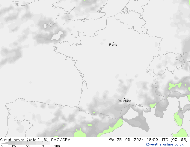 Cloud cover (total) CMC/GEM We 25.09.2024 18 UTC