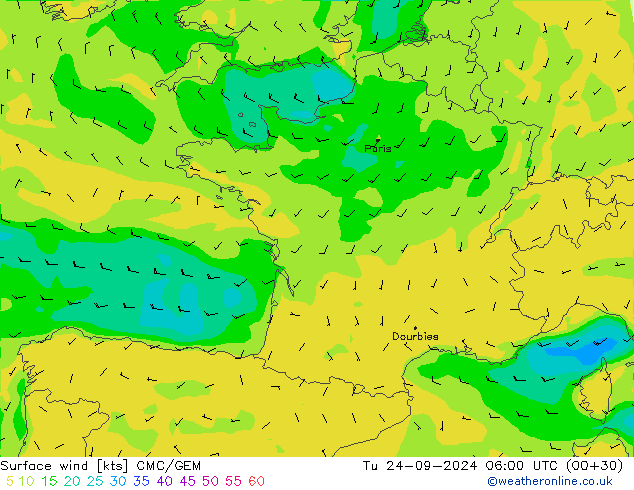 ветер 10 m CMC/GEM вт 24.09.2024 06 UTC