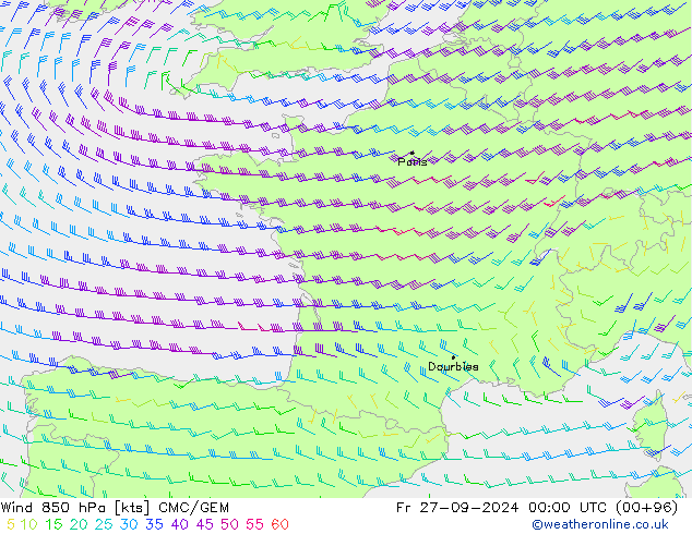 wiatr 850 hPa CMC/GEM pt. 27.09.2024 00 UTC