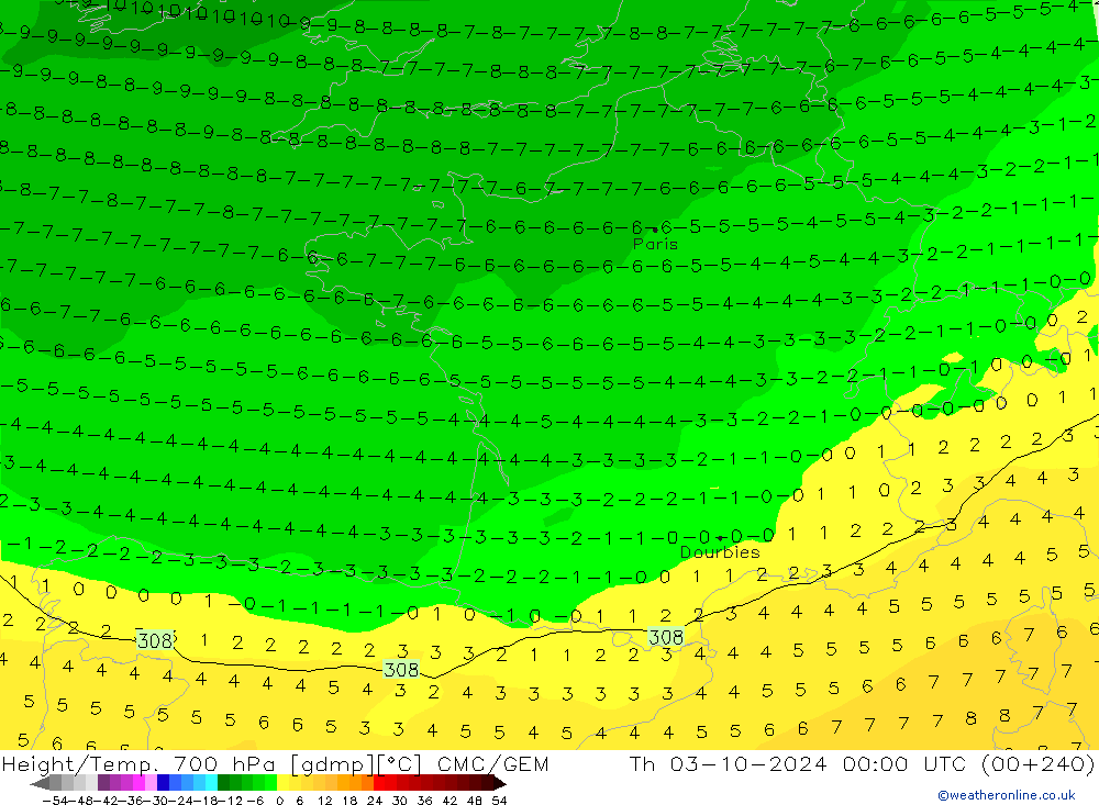 Height/Temp. 700 hPa CMC/GEM Do 03.10.2024 00 UTC