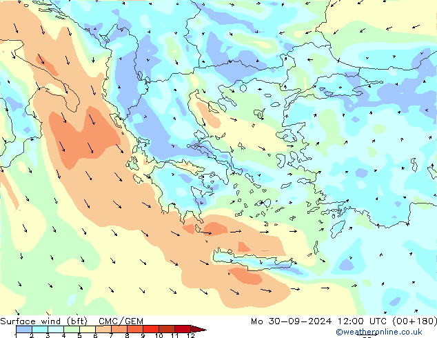 wiatr 10 m (bft) CMC/GEM pon. 30.09.2024 12 UTC