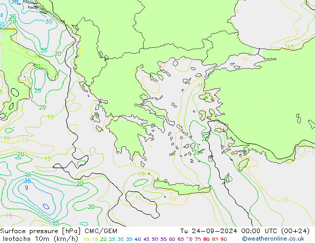 Isotachen (km/h) CMC/GEM Di 24.09.2024 00 UTC