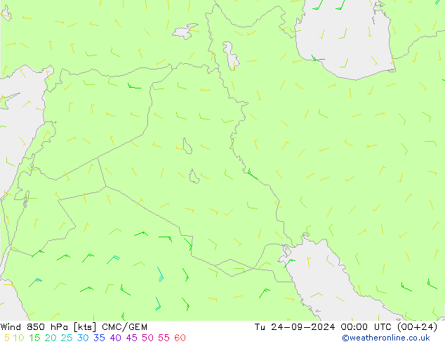 Wind 850 hPa CMC/GEM Út 24.09.2024 00 UTC