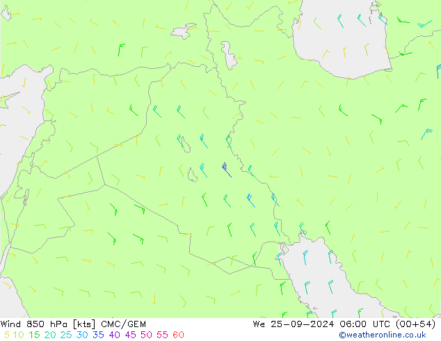 Vento 850 hPa CMC/GEM mer 25.09.2024 06 UTC